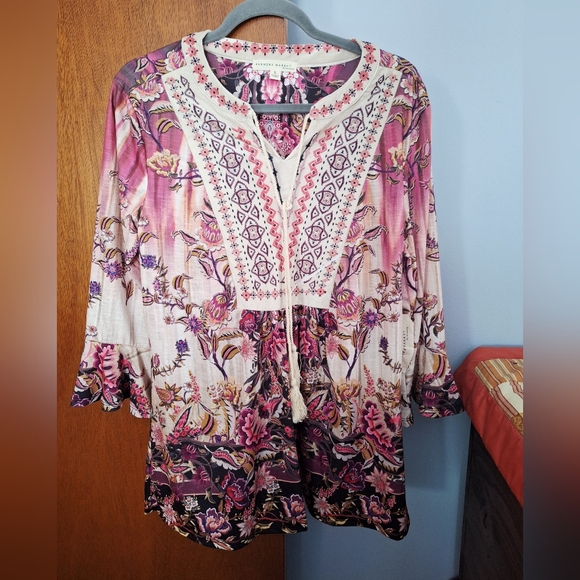 ONE WORLD Tops - ONE WORLD NWT Pink Floral Boho Tunic with Embroidered Yoke Women's Size L